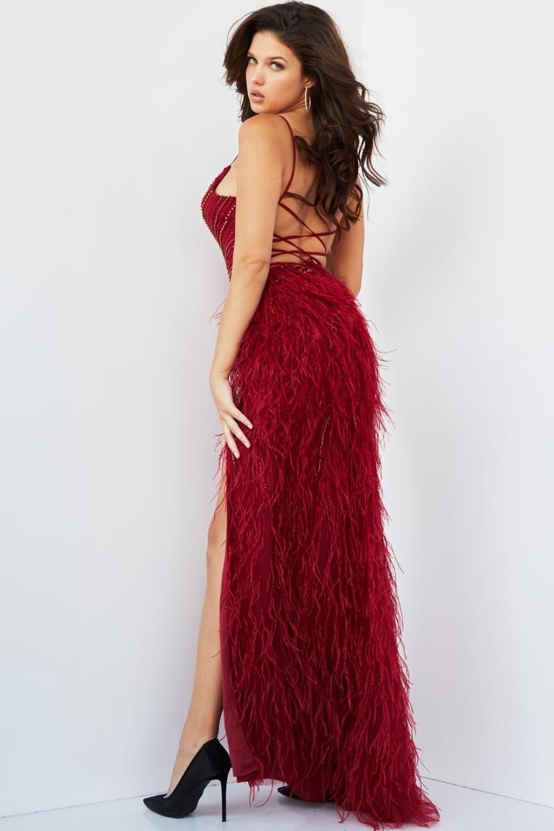 Style 08060 Jovani Size 12 Pageant Burgundy Red Side Slit Dress on Queenly