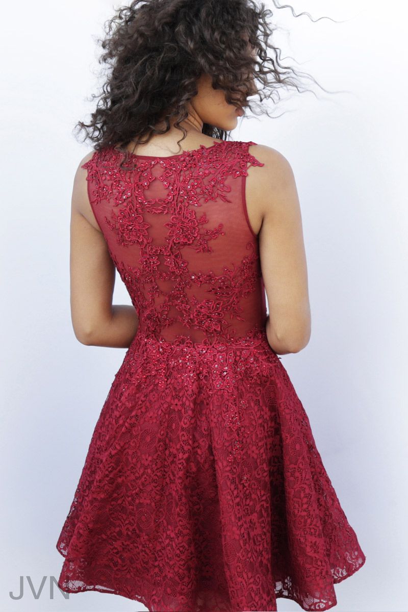 Style JVN62710 Jovani Size 4 Homecoming Lace Burgundy Red Cocktail Dress on Queenly