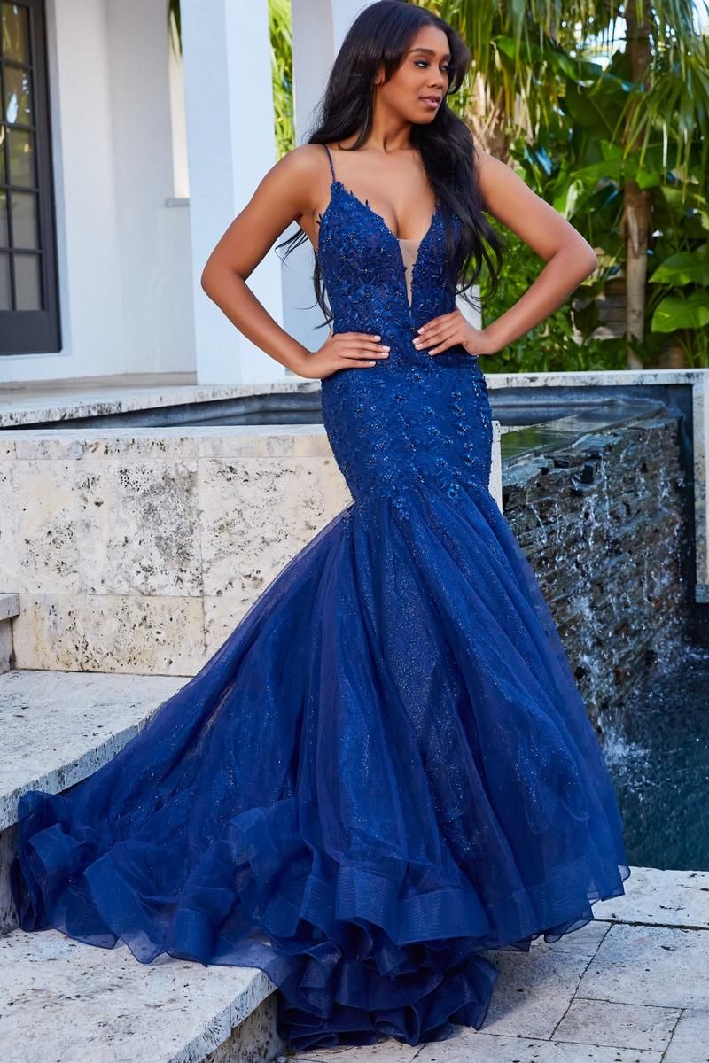 Style JVN07398 Jovani Plus Size 18 Prom Navy Blue Mermaid Dress on Queenly