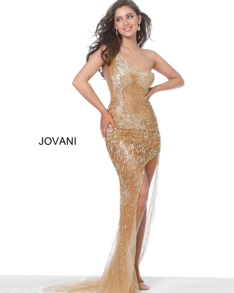 Style 02494 Jovani Size 8 Prom Gold Side Slit Dress on Queenly