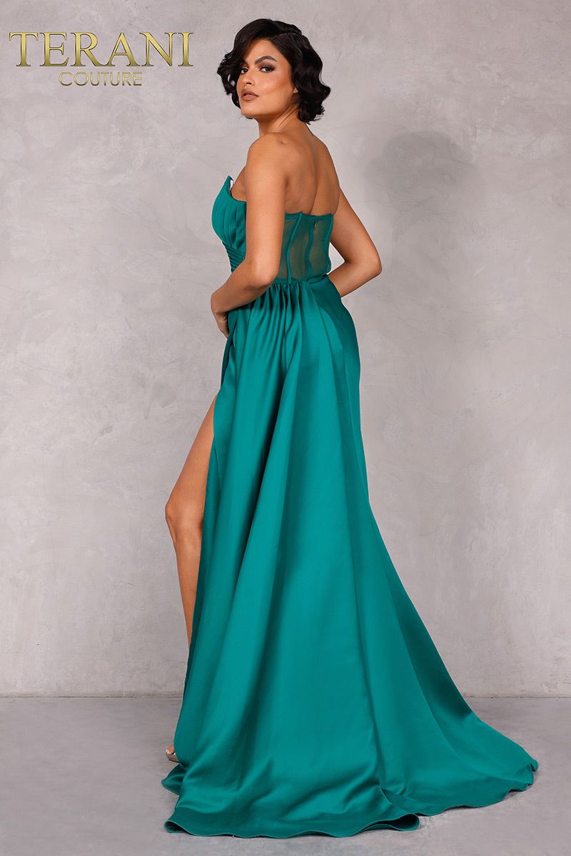 Style 2111P4020 Terani Couture Size 8 Prom Satin Emerald Green Side Slit Dress on Queenly