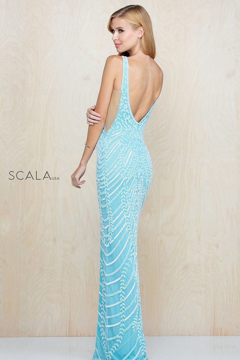 Style 60222 Scala Size 2 Blue Side Slit Dress on Queenly