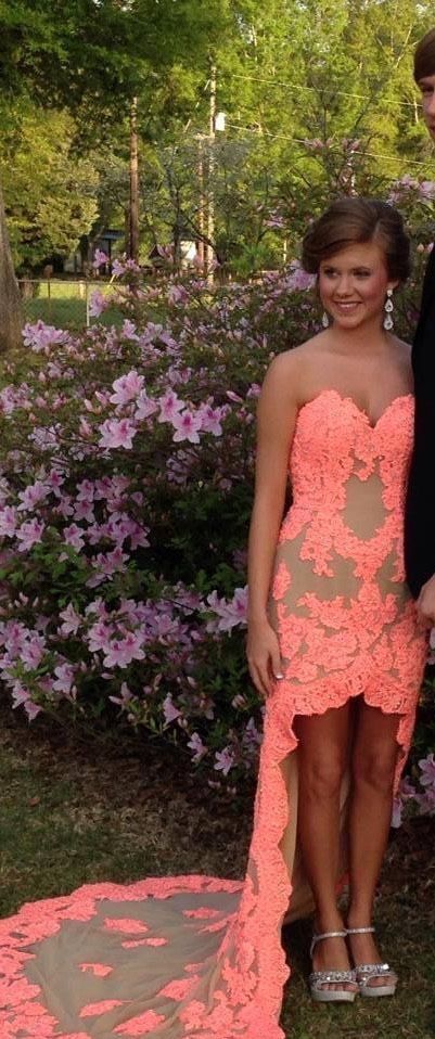 Sherri Hill Size 2 Prom Strapless Lace Coral Floor Length Maxi on Queenly