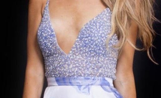 Jovani Size 2 Prom Plunge Satin Light Blue Dress With Train on Queenly