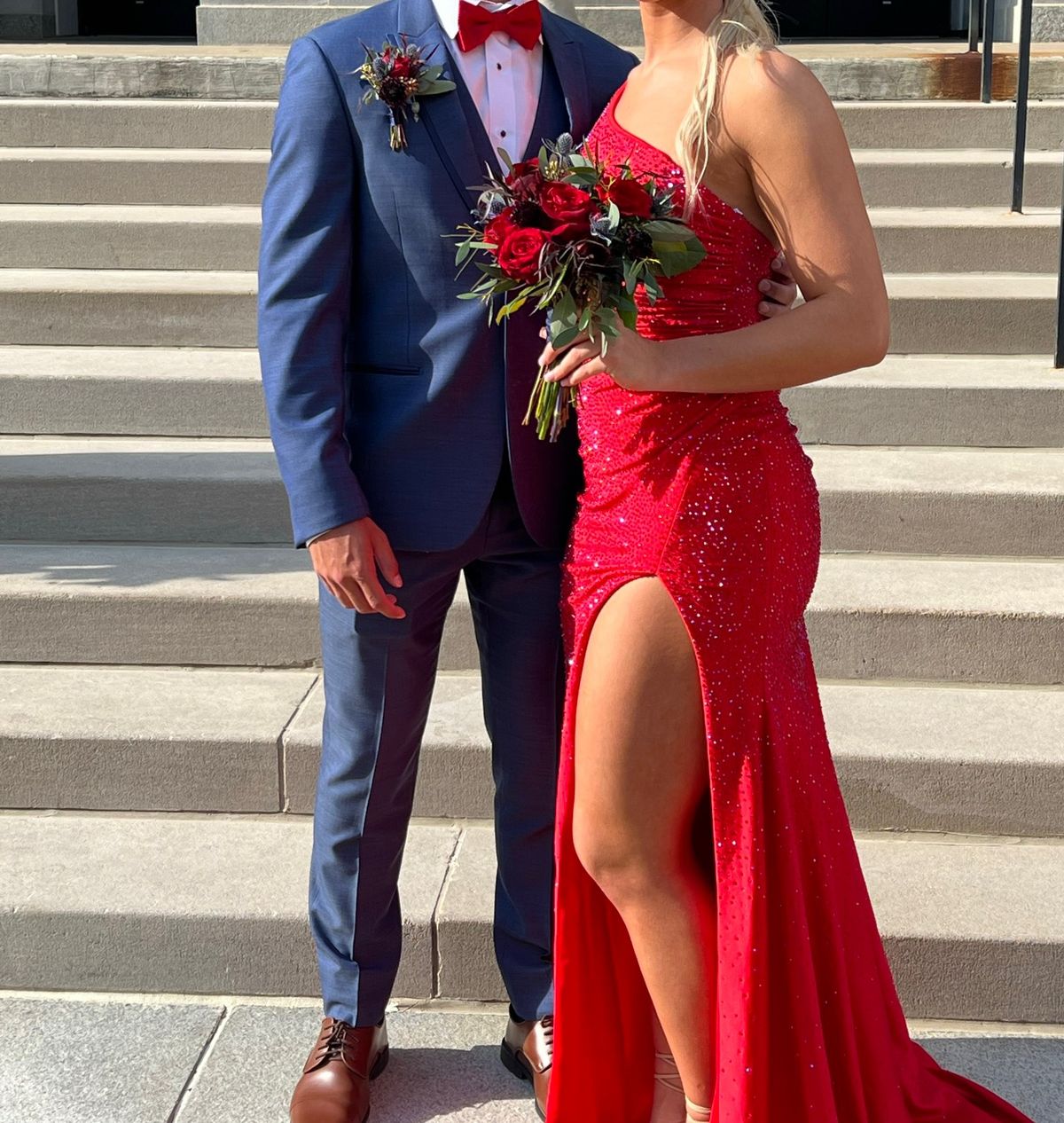 Sherri Hill Size 4 Prom Red Side Slit Dress on Queenly