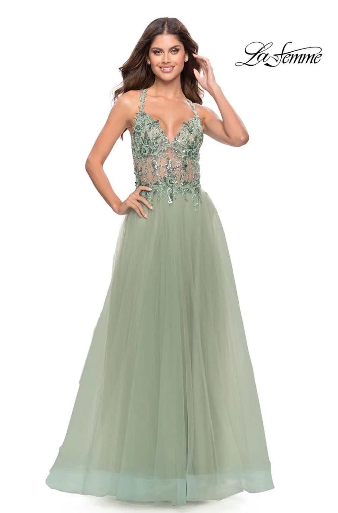 La Femme Size 4 Prom Plunge Sequined Light Green Side Slit Dress on Queenly