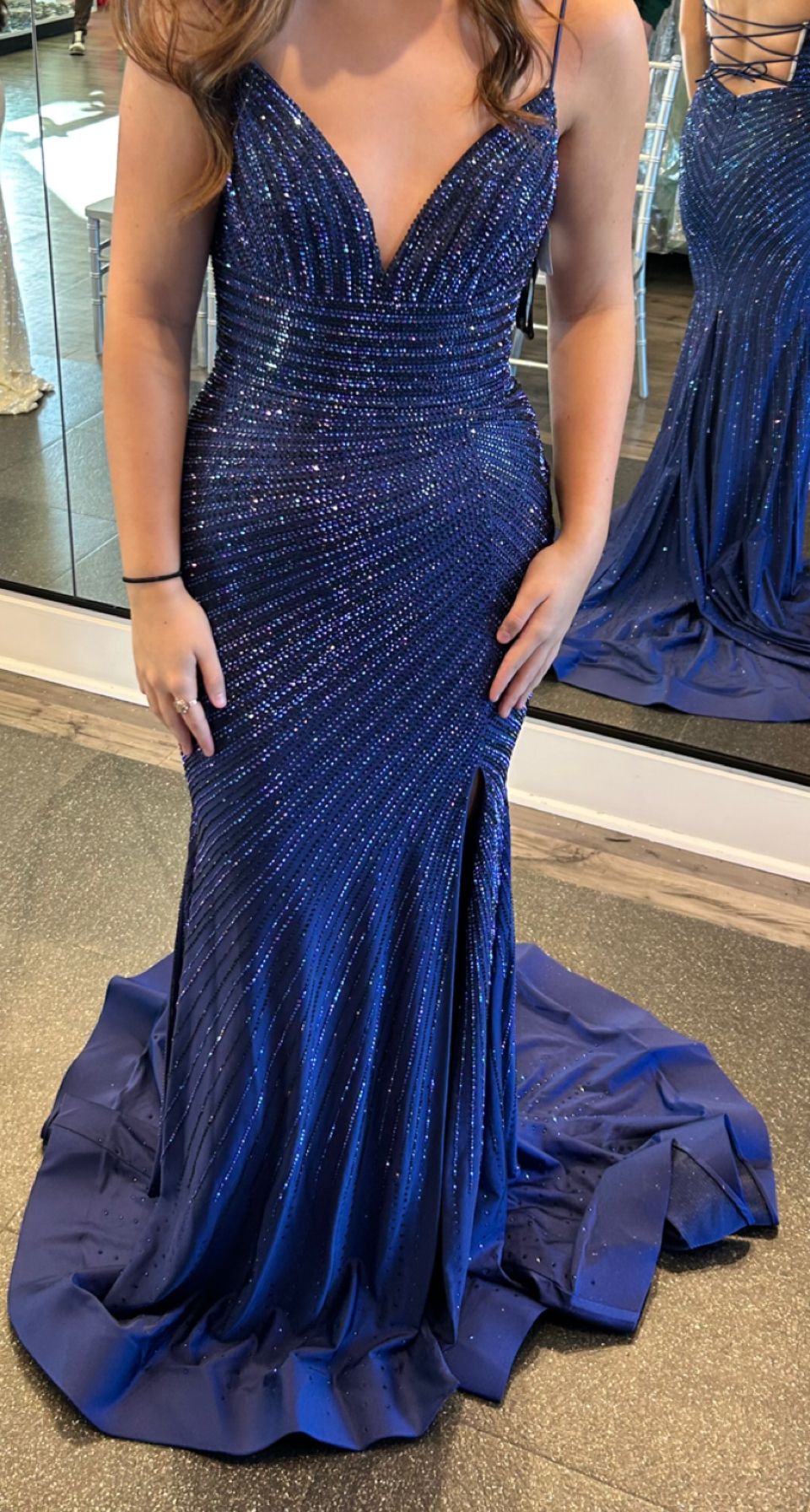 Sherri Hill Size 6 Prom Plunge Sequined Navy Blue Side Slit Dress on Queenly