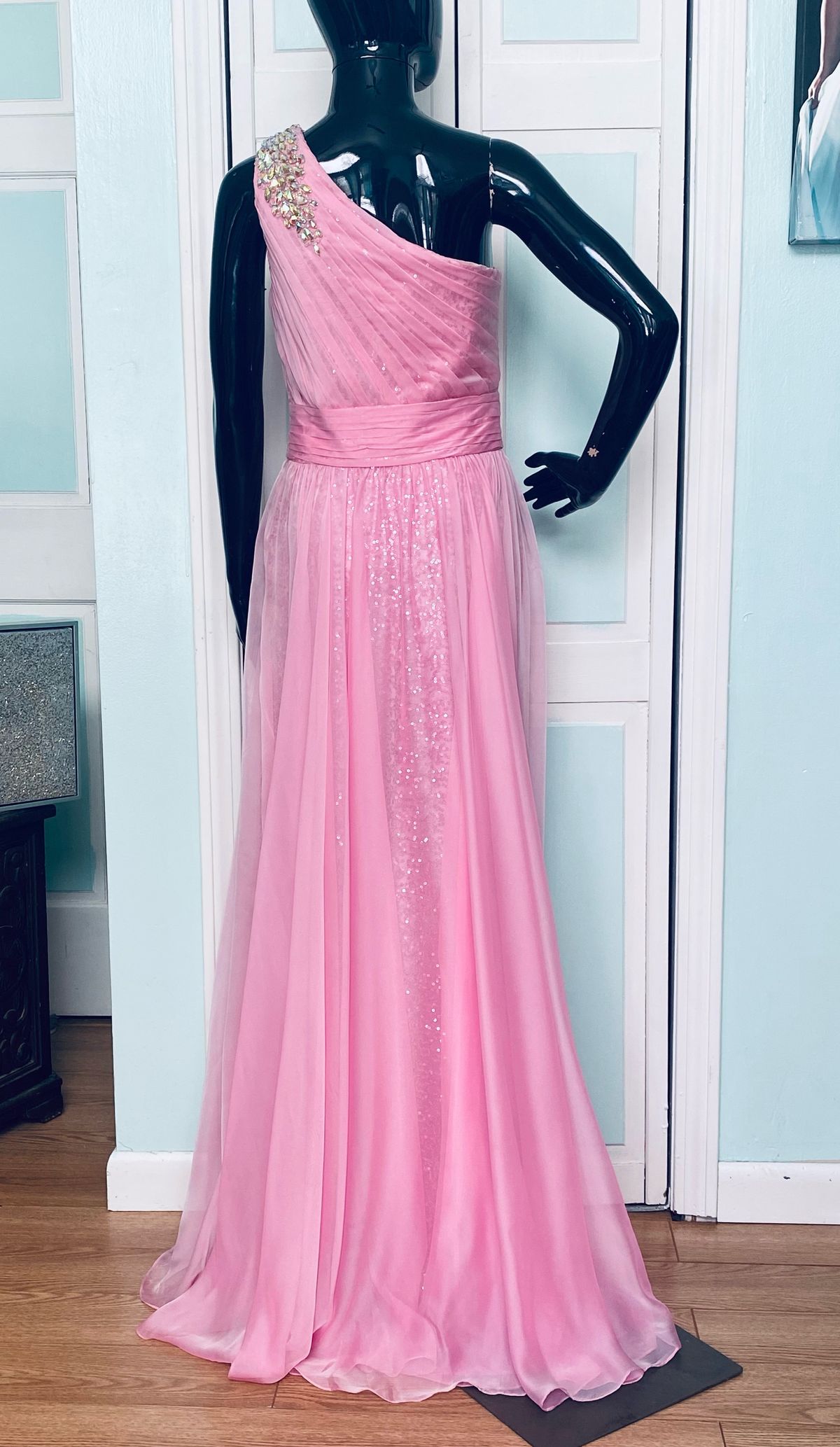 La Femme Size 6 Bridesmaid One Shoulder Sequined Light Pink A-line Dress on Queenly