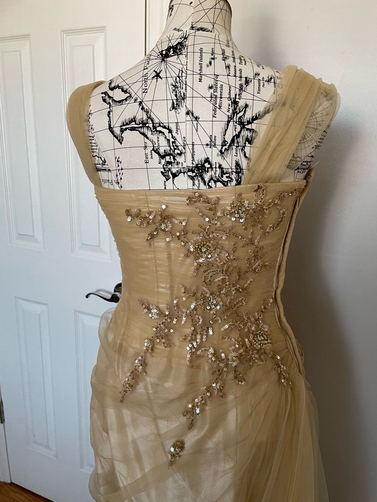 Mon Cheri Size S Wedding Guest Sequined Gold Cocktail Dress on Queenly