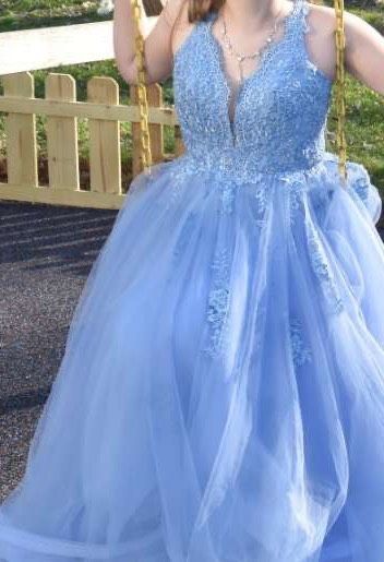 La Femme Size 2 Prom Lace Light Blue Ball Gown on Queenly