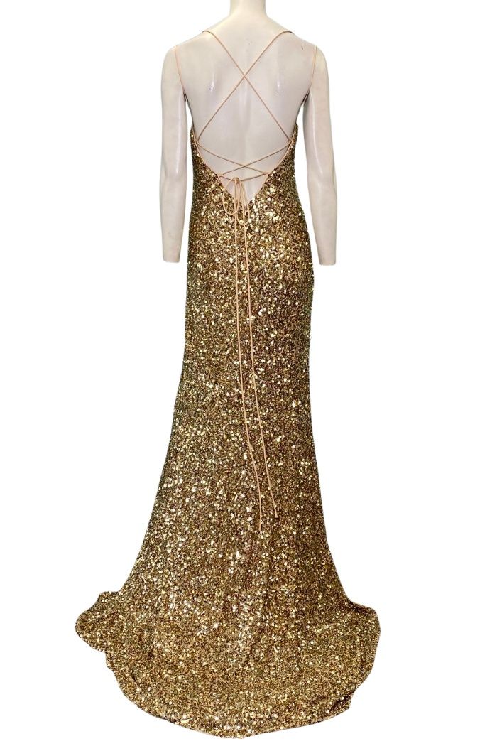 Style 3044A Sophia Thomas Size 2 Pageant Sequined Gold Side Slit Dress on Queenly