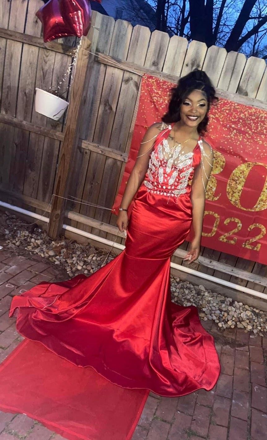 Size 8 Prom Sequined Red Mermaid Dress on Queenly
