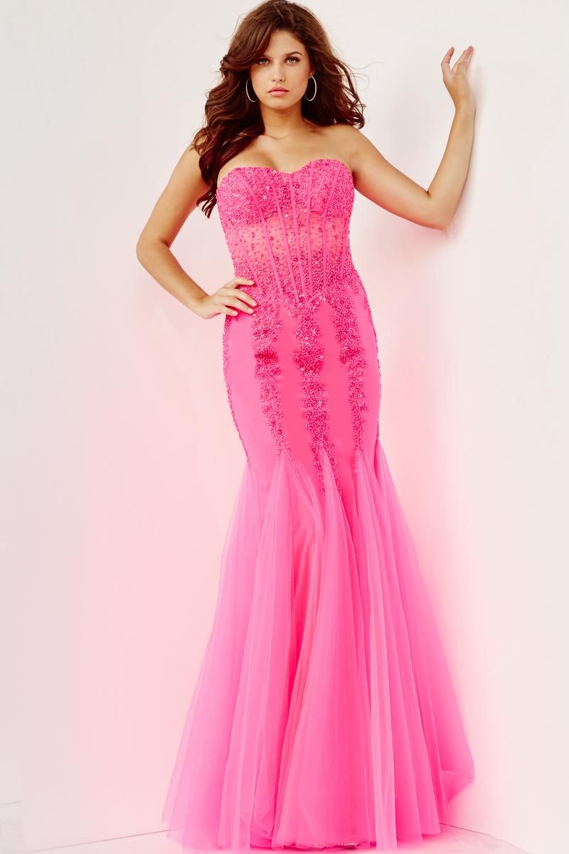 Style 5908 Jovani Size 12 Prom Strapless Hot Pink Mermaid Dress on Queenly