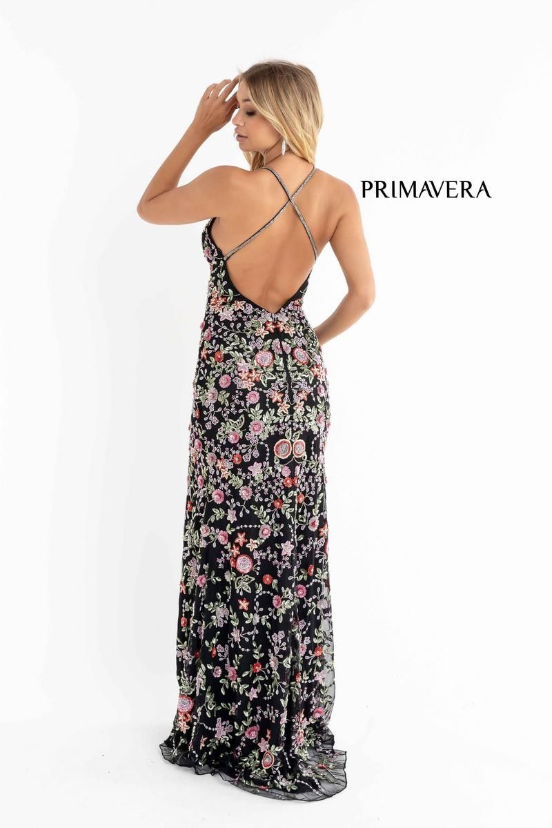 Style 3073 Primavera Size 10 Floral Black Side Slit Dress on Queenly