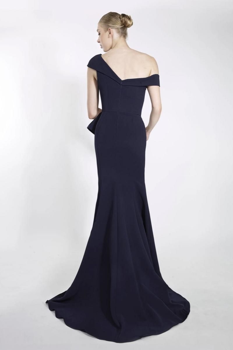 Style 23014 Janique Size 8 Pageant One Shoulder Navy Blue Side Slit Dress on Queenly