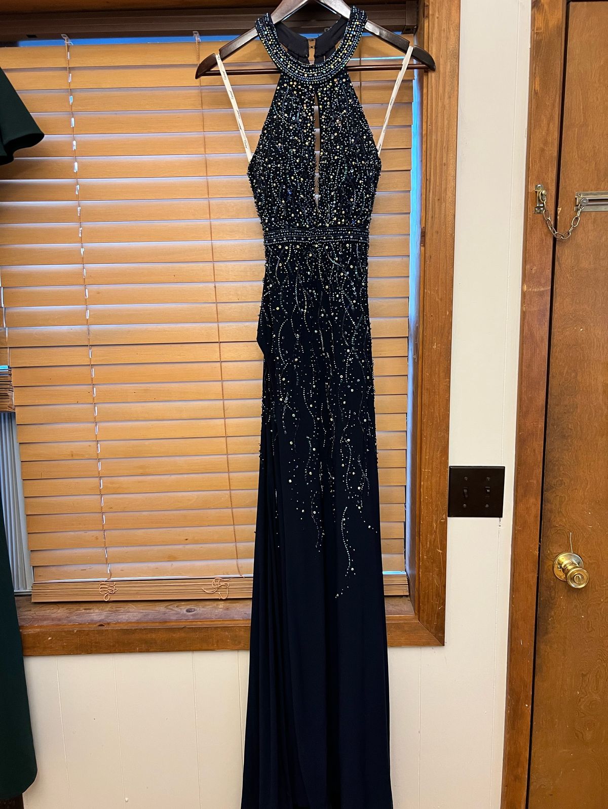 Mon Cheri Size 2 Prom Sequined Navy Blue Side Slit Dress on Queenly