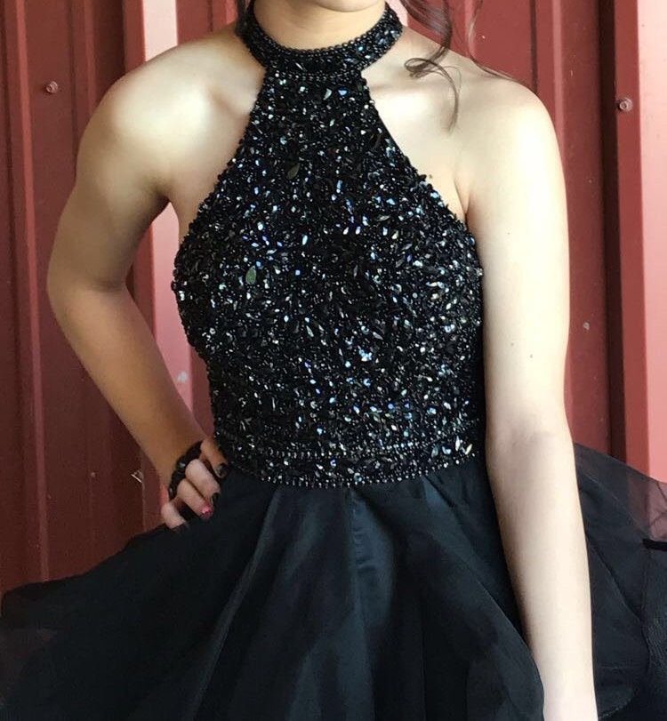 Sherri Hill Size 0 Prom High Neck Sequined Black Ball Gown on Queenly