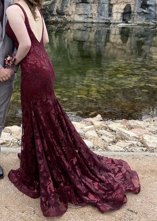 Jovani Size S Bridesmaid Plunge Lace Burgundy Red Mermaid Dress on Queenly
