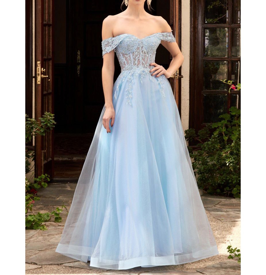 Style Light Blue Sweetheart Neckline Floral Corset Ball Gown Cinderella Divine Size 6 Sheer Blue Ball Gown on Queenly