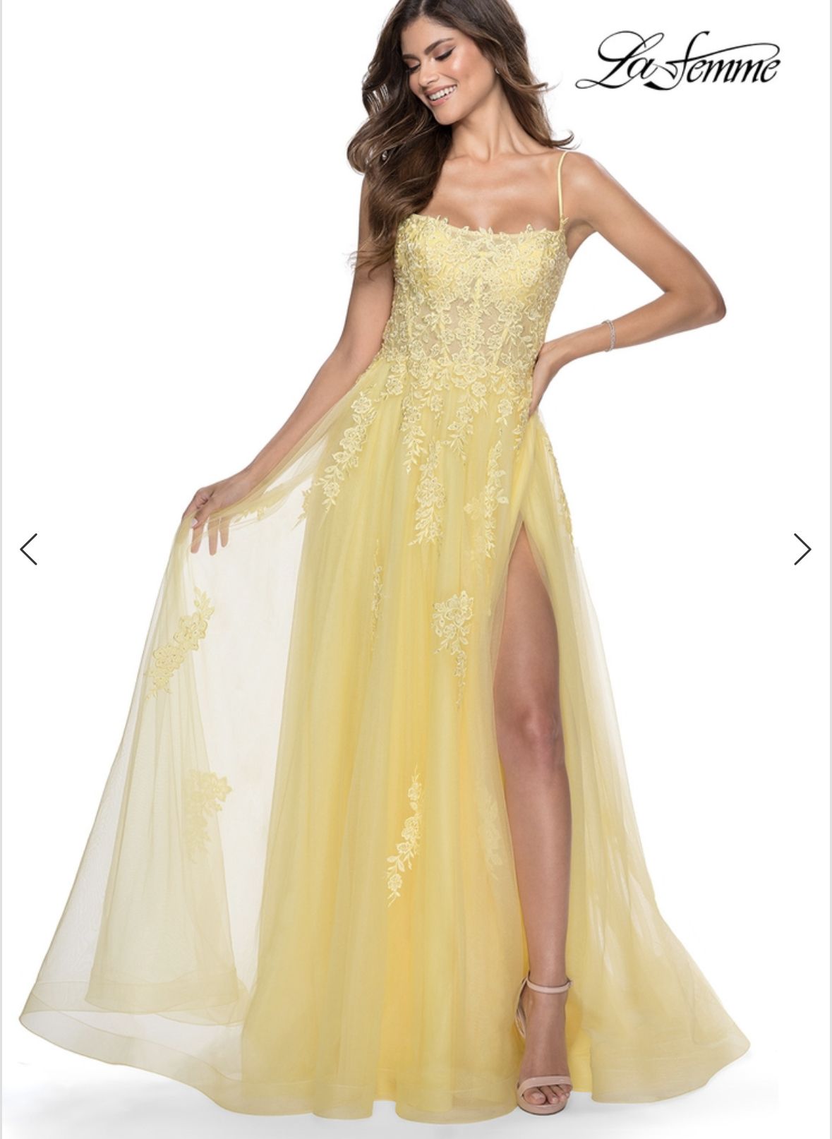 Style 28470 La Femme Size 8 Floral Yellow A-line Dress on Queenly