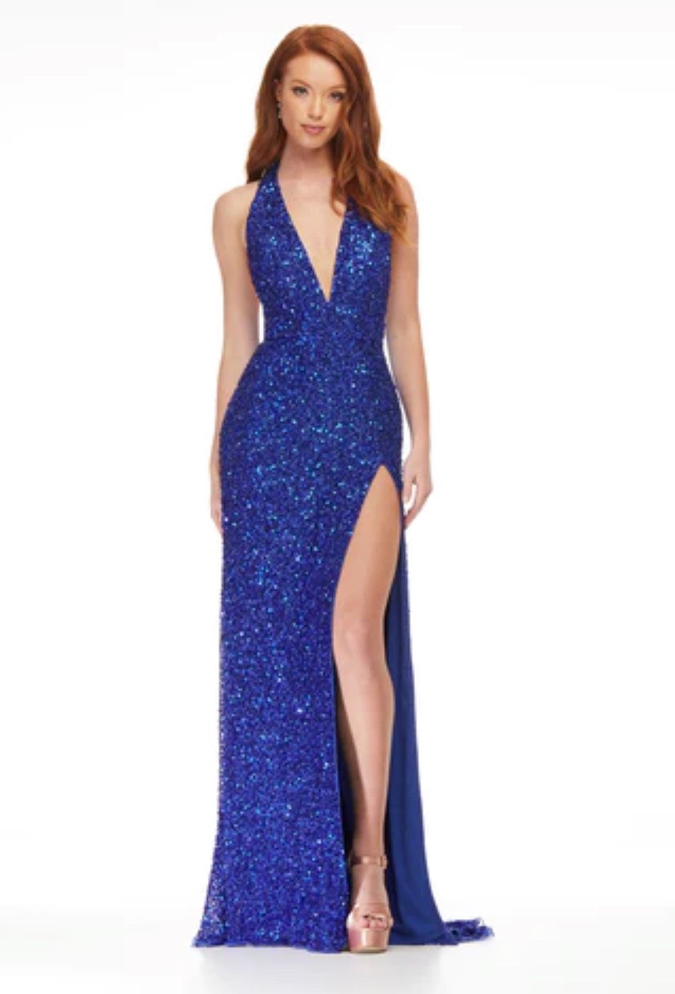 Ashley Lauren Size 6 Pageant Halter Sequined Blue Side Slit Dress on Queenly
