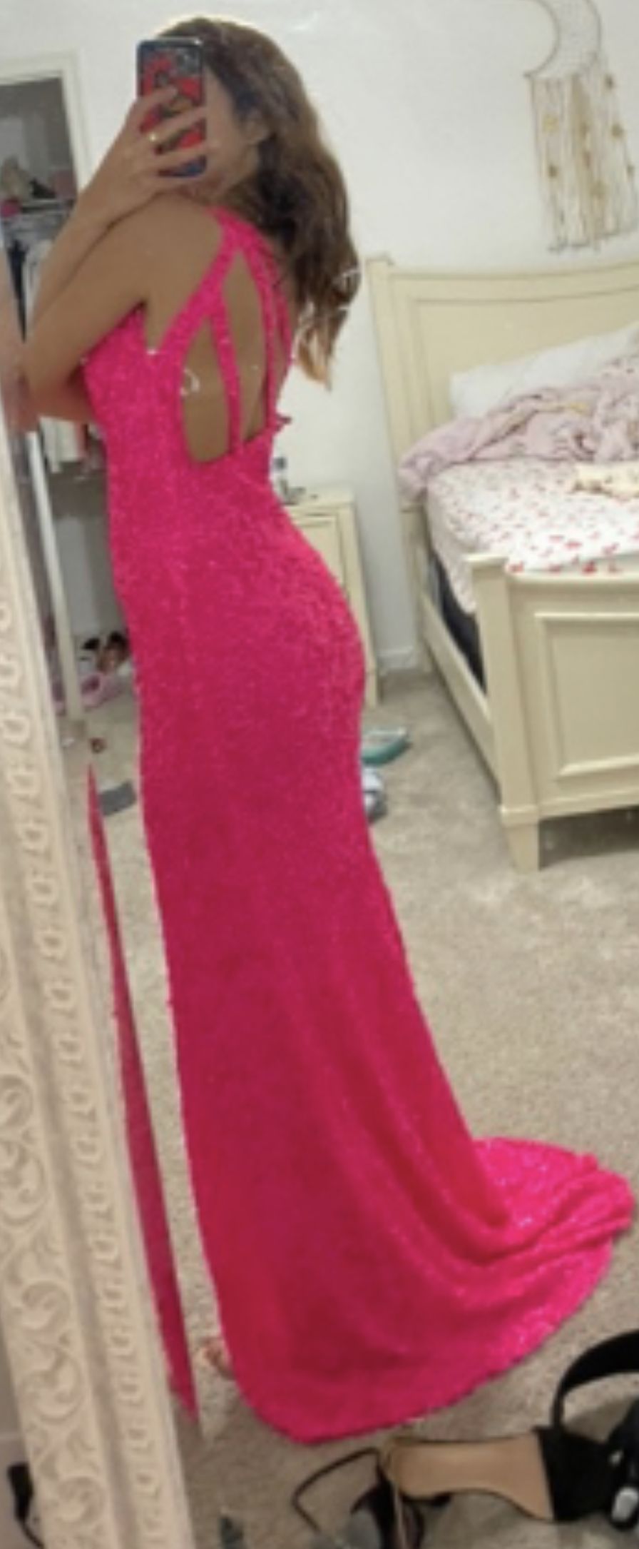 Style 54330 Sherri Hill Size 00 Prom One Shoulder Sequined Hot Pink Side Slit Dress on Queenly