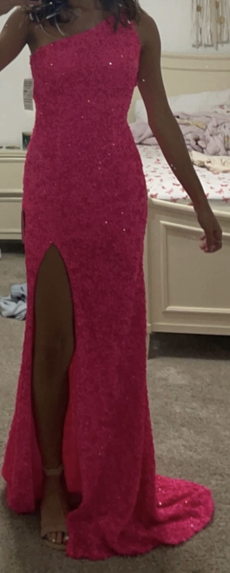 Style 54330 Sherri Hill Size 00 Prom One Shoulder Sequined Hot Pink Side Slit Dress on Queenly