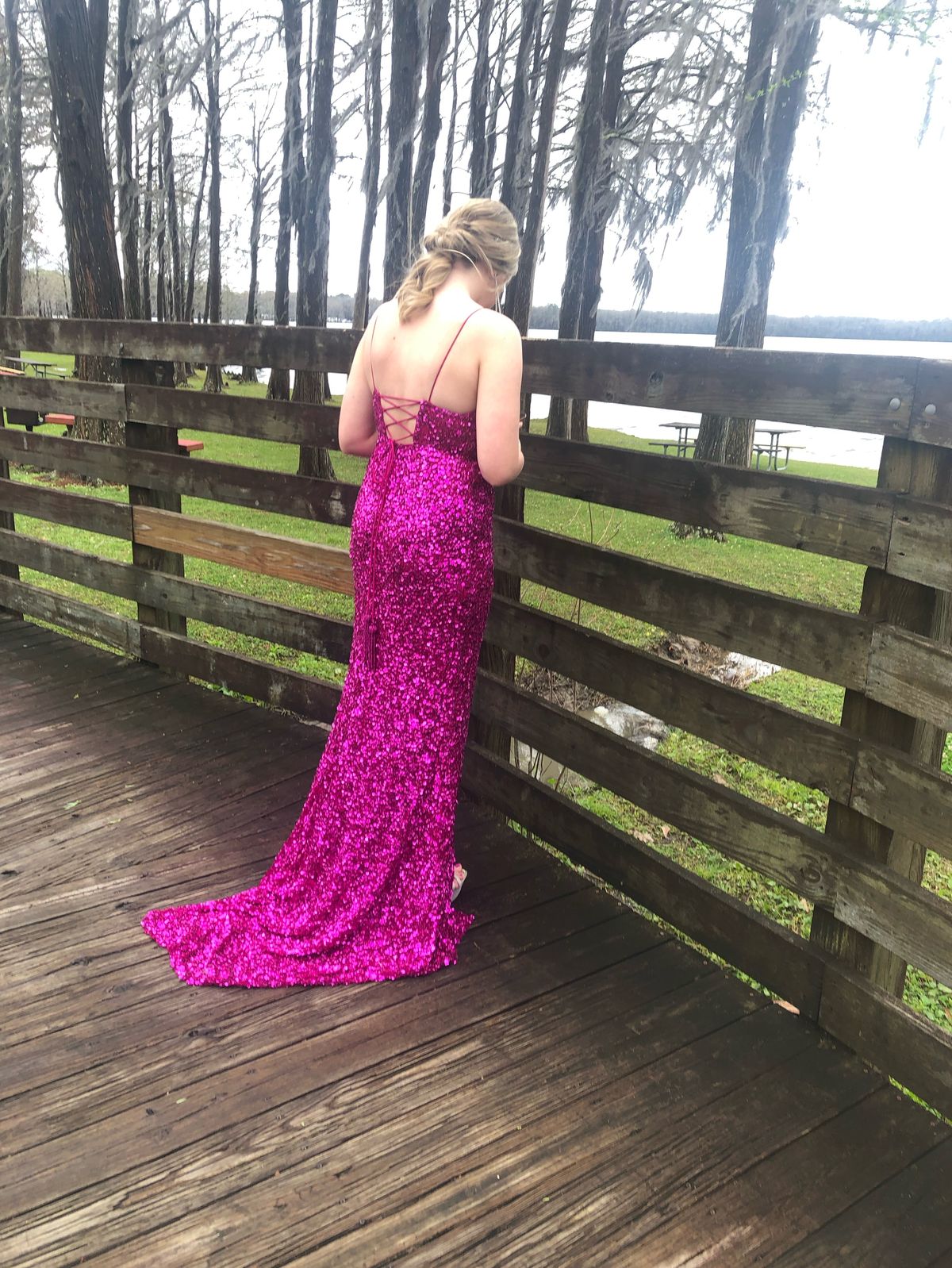 Size 8 Prom Sequined Hot Pink Mermaid Dress on Queenly