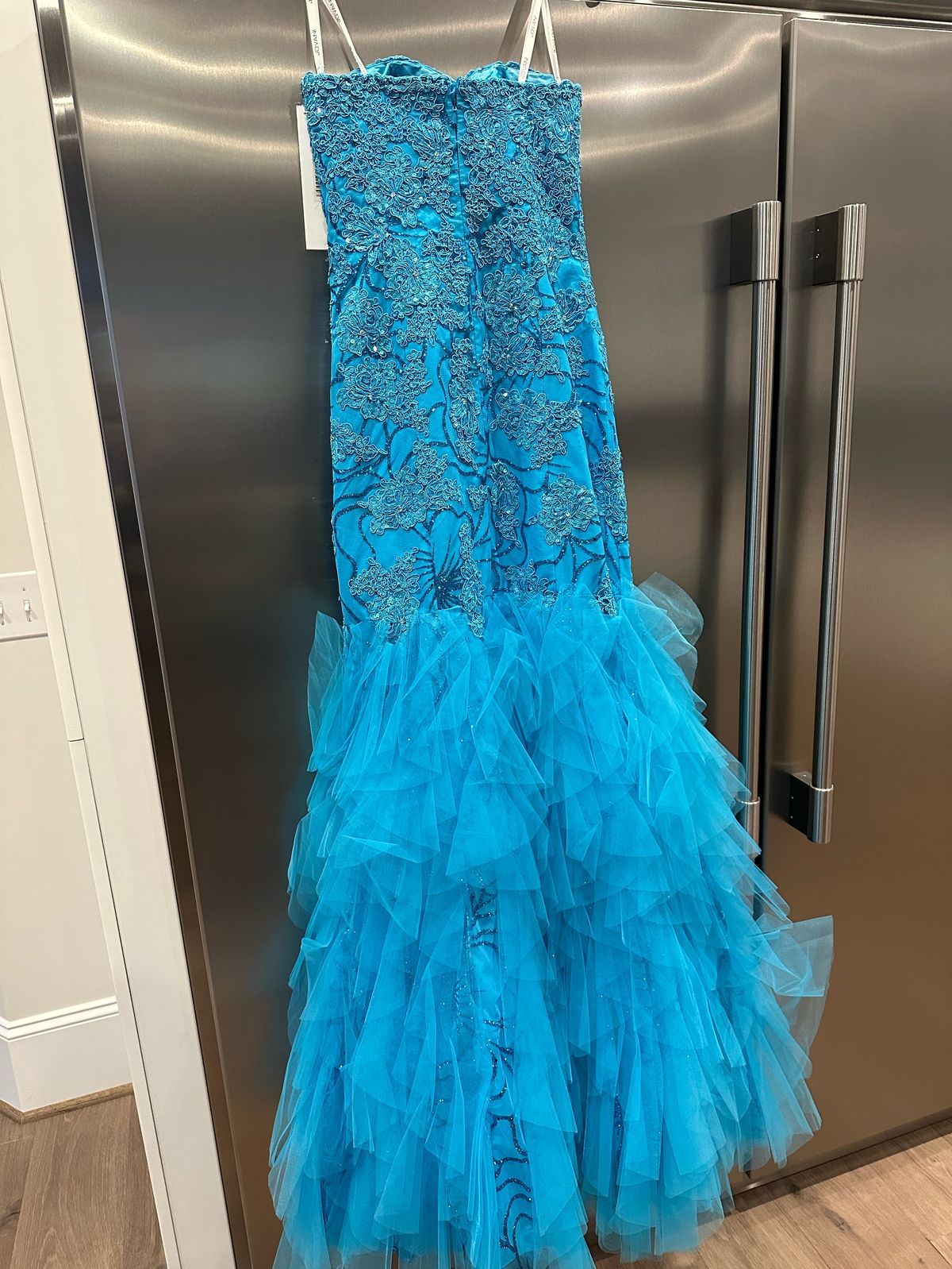 Jovani Size 4 Strapless Lace Turquoise Blue Mermaid Dress on Queenly