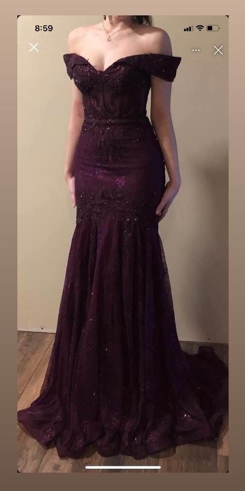 Jovani Size 00 Prom Off The Shoulder Lace Purple Mermaid Dress on Queenly