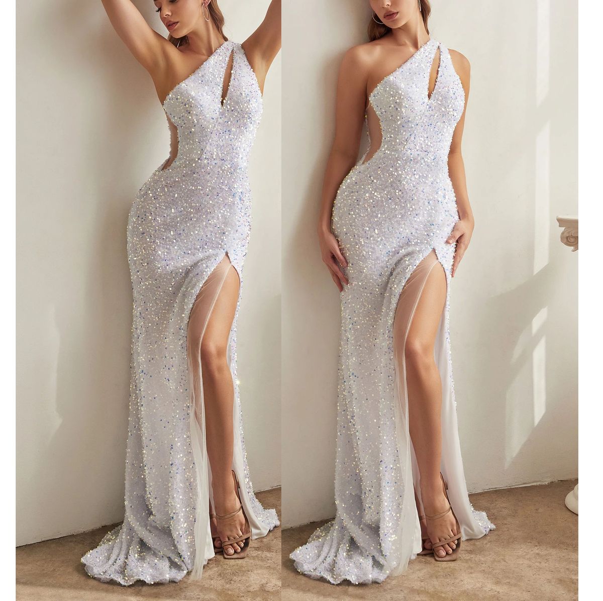 Cinderella Size 6 Wedding One Shoulder Sheer White Side Slit Dress on Queenly