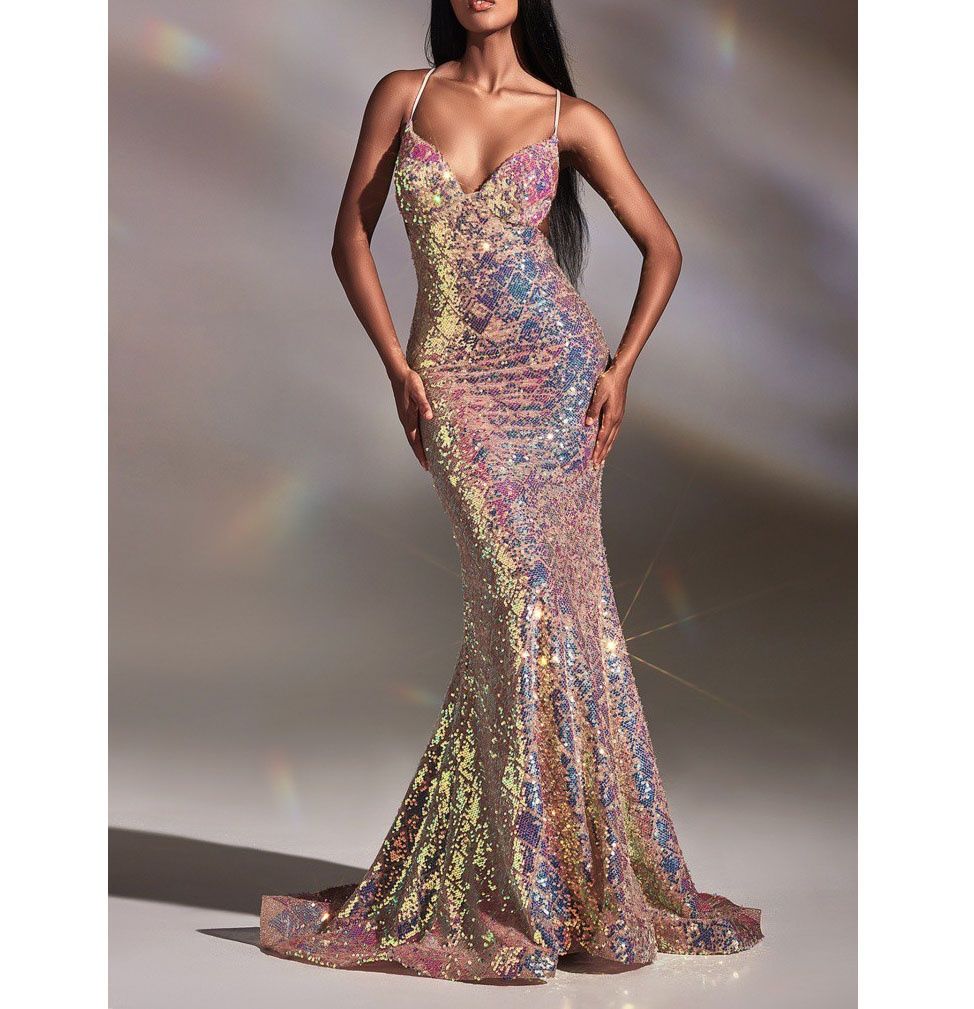 Style  Iridescent Blush Sleeveles Sequin Mermaid Print Gown Cinderella Divine Size 6 Prom Lace Pink Mermaid Dress on Queenly