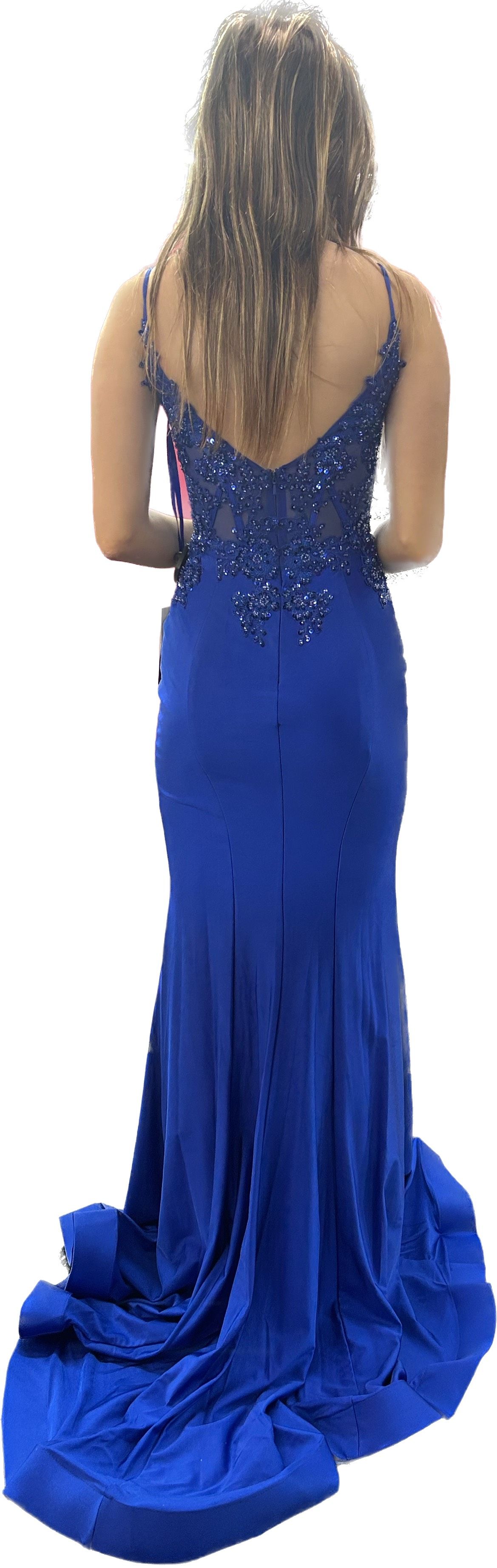 Dave and Johnny Size 0 Bridesmaid Plunge Sequined Royal Blue Floor Length Maxi on Queenly