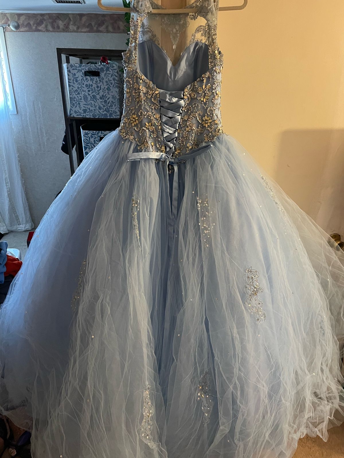 MoriLee Size 8 Pageant Sequined Light Blue Dress With Train on Queenly