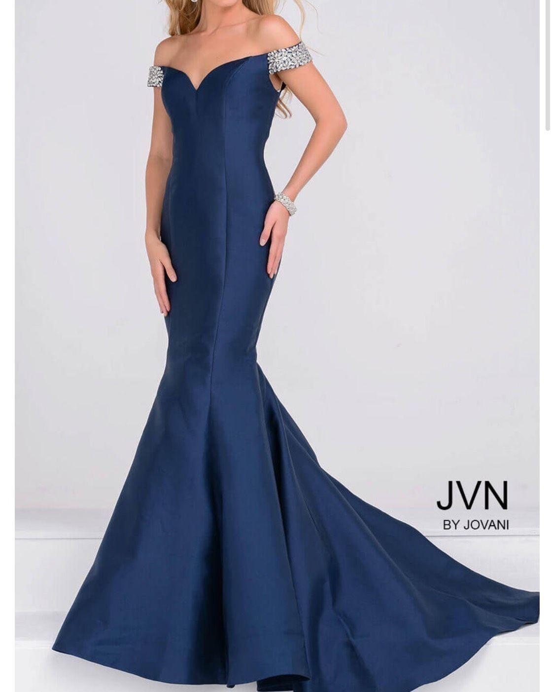 Jovani Size 6 Bridesmaid Off The Shoulder Satin Navy Blue Mermaid Dress on Queenly