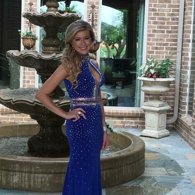 Jovani Size 0 Bridesmaid High Neck Sequined Royal Blue Mermaid Dress on Queenly