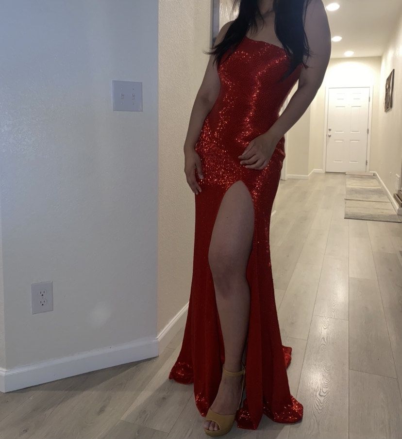 Ashley Lauren Size 6 Sheer Red Floor Length Maxi on Queenly