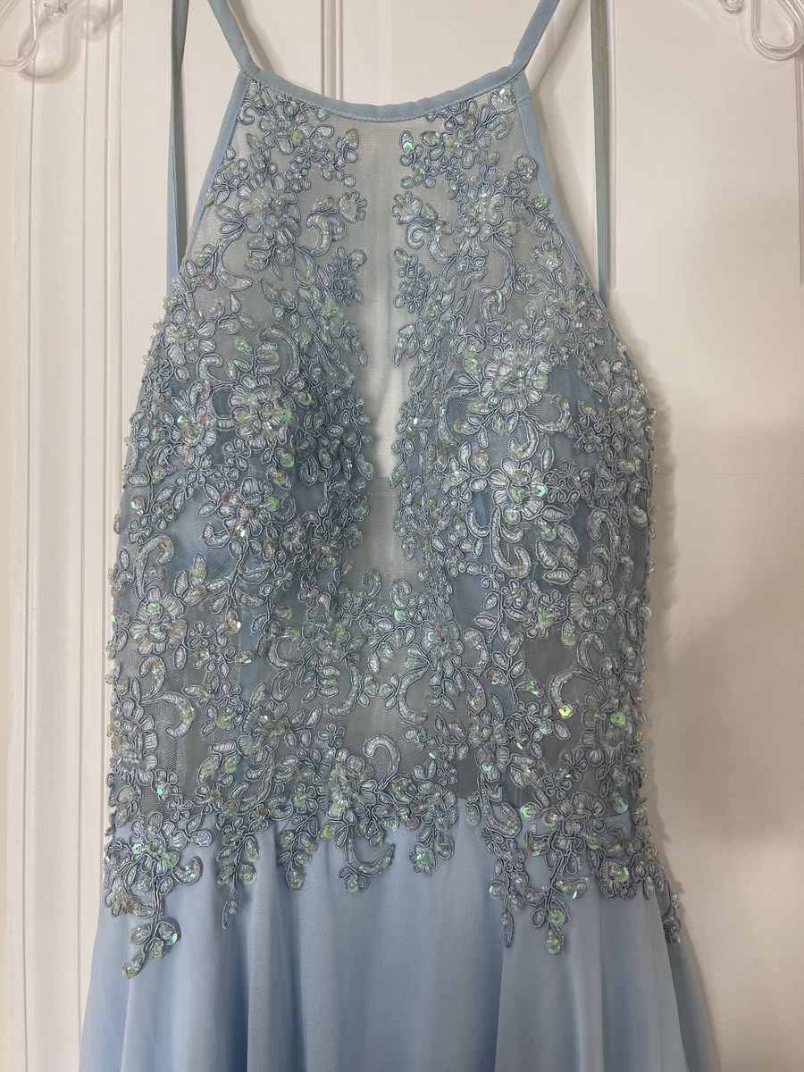 Size 4 Wedding Halter Lace Light Blue Floor Length Maxi on Queenly