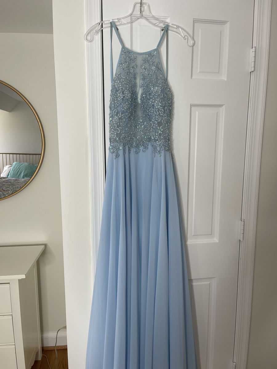 Size 4 Wedding Halter Lace Light Blue Floor Length Maxi on Queenly