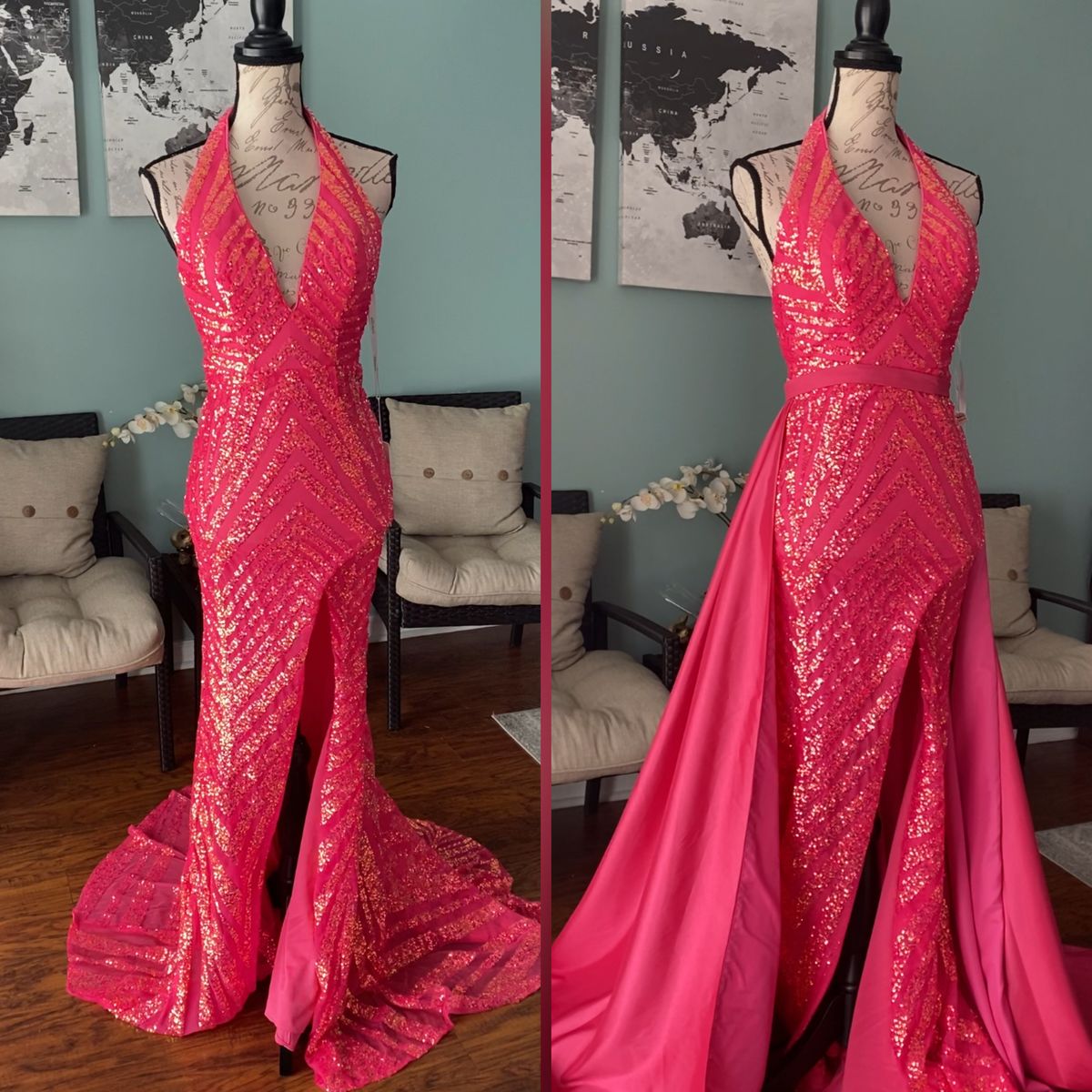Jovani Size 2 Prom Halter Sequined Hot Pink Mermaid Dress on Queenly