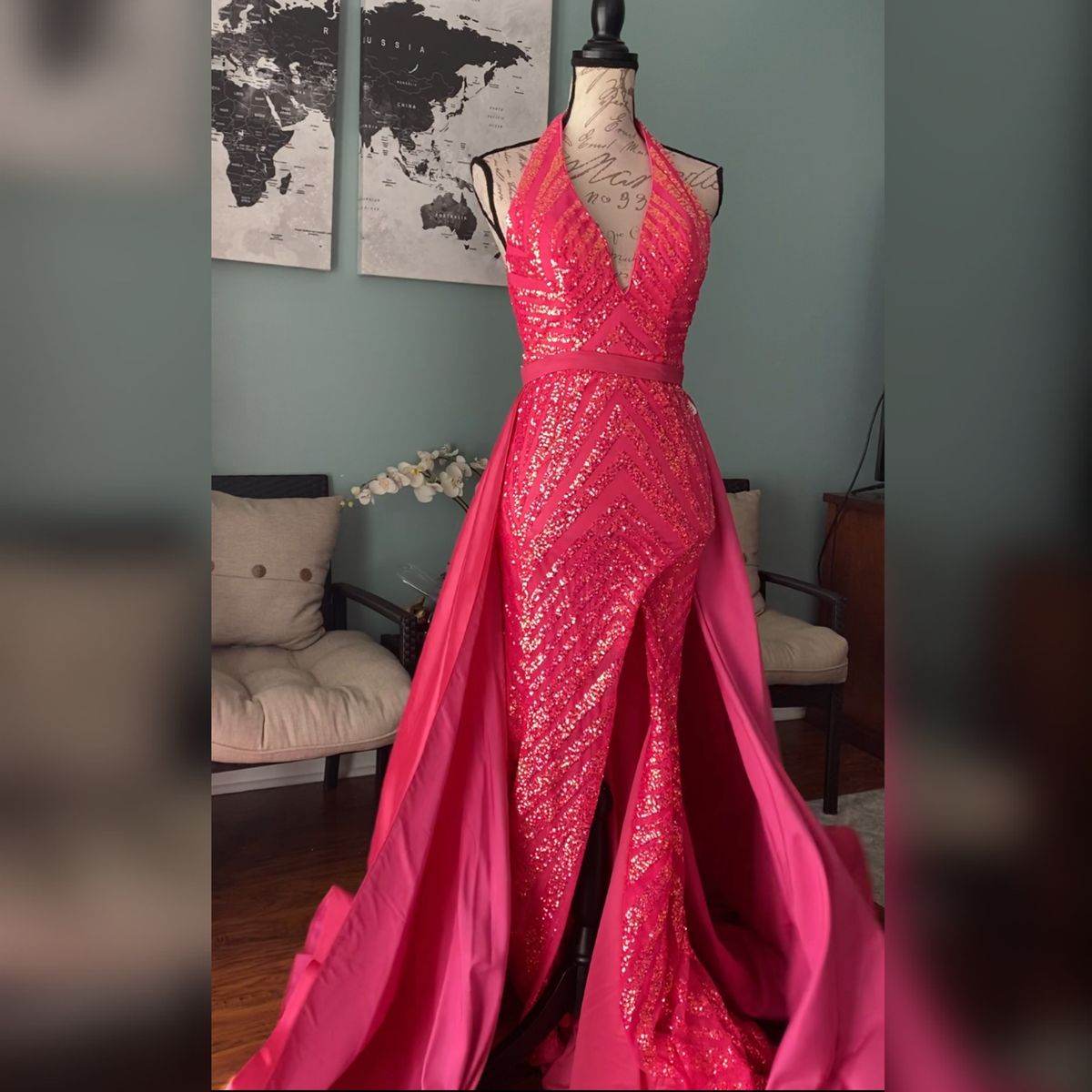 Jovani Size 6 Prom Halter Sequined Hot Pink Mermaid Dress on Queenly