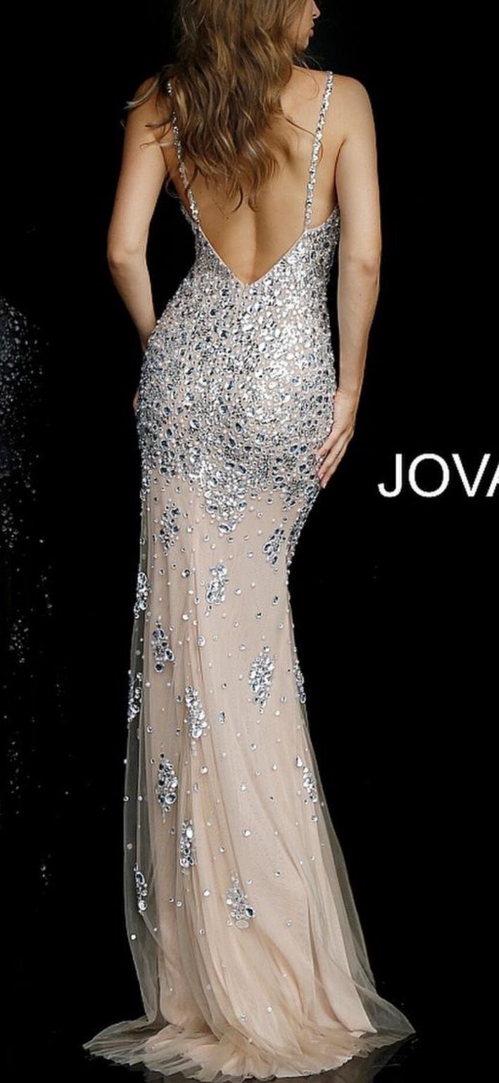 Jovani Size 0 Prom Plunge Sequined Nude Floor Length Maxi on Queenly