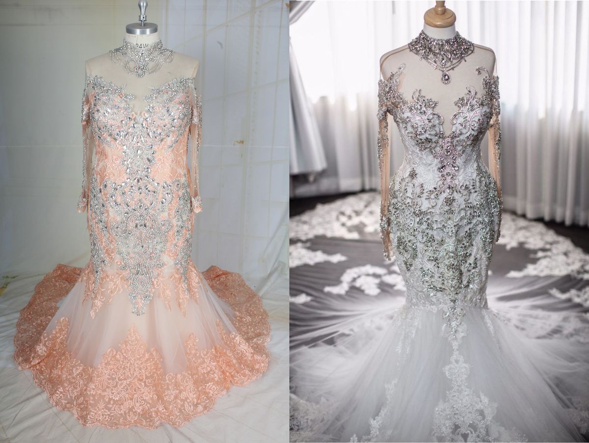 Style C2021Dionisha rose gold long sleeve plus size wedding gown with bling Darius Cordell Plus Size 20 Prom Long Sleeve Sequined Coral Floor Length Maxi on Queenly