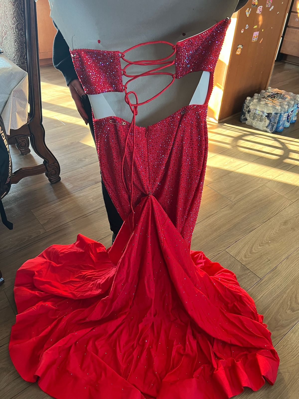 Sherri Hill Size 0 Prom Strapless Sequined Red Side Slit Dress on Queenly