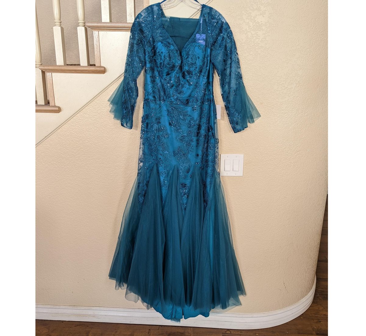 Style  Teal Blue Embroidered V-neck Sheer Bell Sleeve Mermaid Formal Gown LaDivine Size 12 Blue Mermaid Dress on Queenly