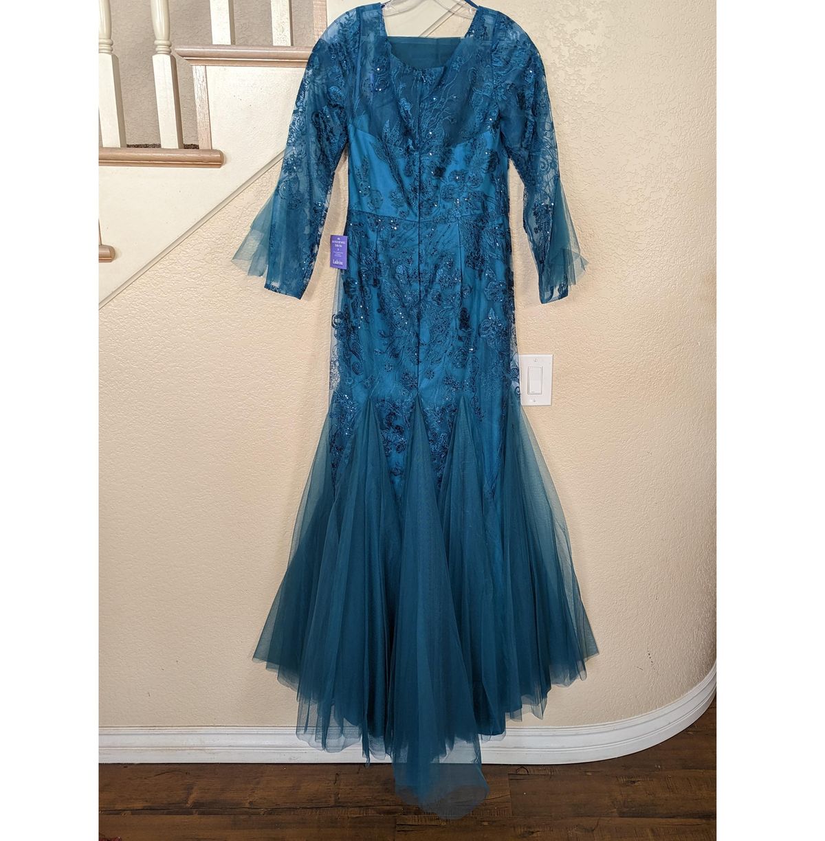 Style  Teal Blue Embroidered V-neck Sheer Bell Sleeve Mermaid Formal Gown LaDivine Size 12 Blue Mermaid Dress on Queenly