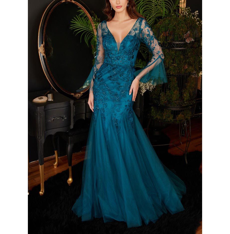 Long Sleeve Emerald Green Lace Mermaid Formal Gown