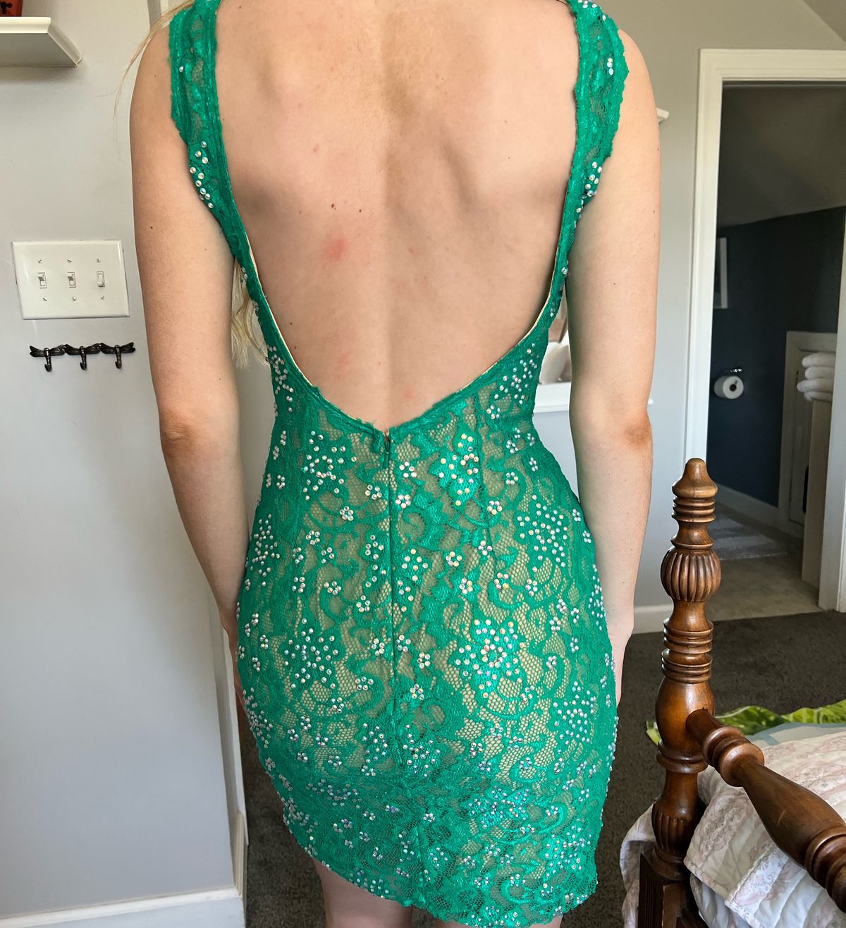 Jovani Size 4 Homecoming High Neck Lace Green Cocktail Dress on Queenly