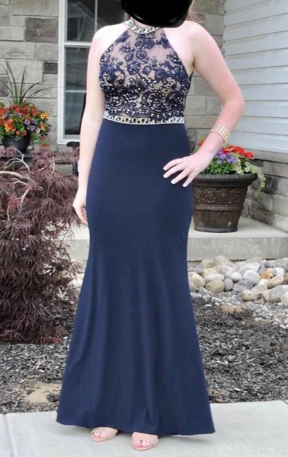 Alyce Paris Size 10 Prom Halter Lace Navy Blue Mermaid Dress on Queenly