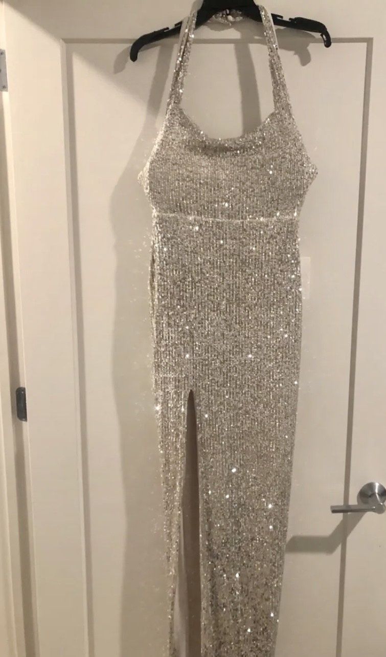 Nookie Size L Prom Silver Side Slit Dress on Queenly